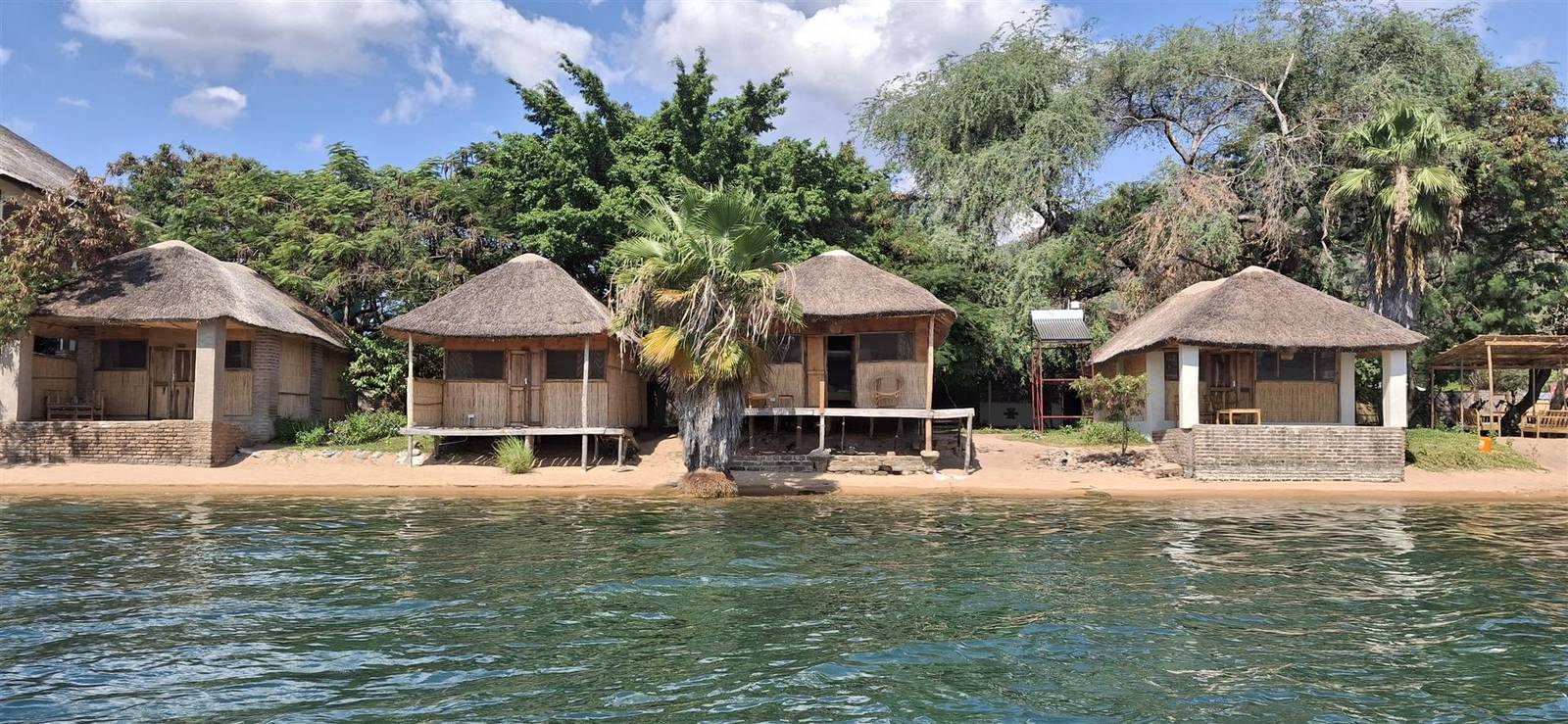 Grass-thatched chalets on the waterline at Anake Lodge with a palm tree standing in the lake